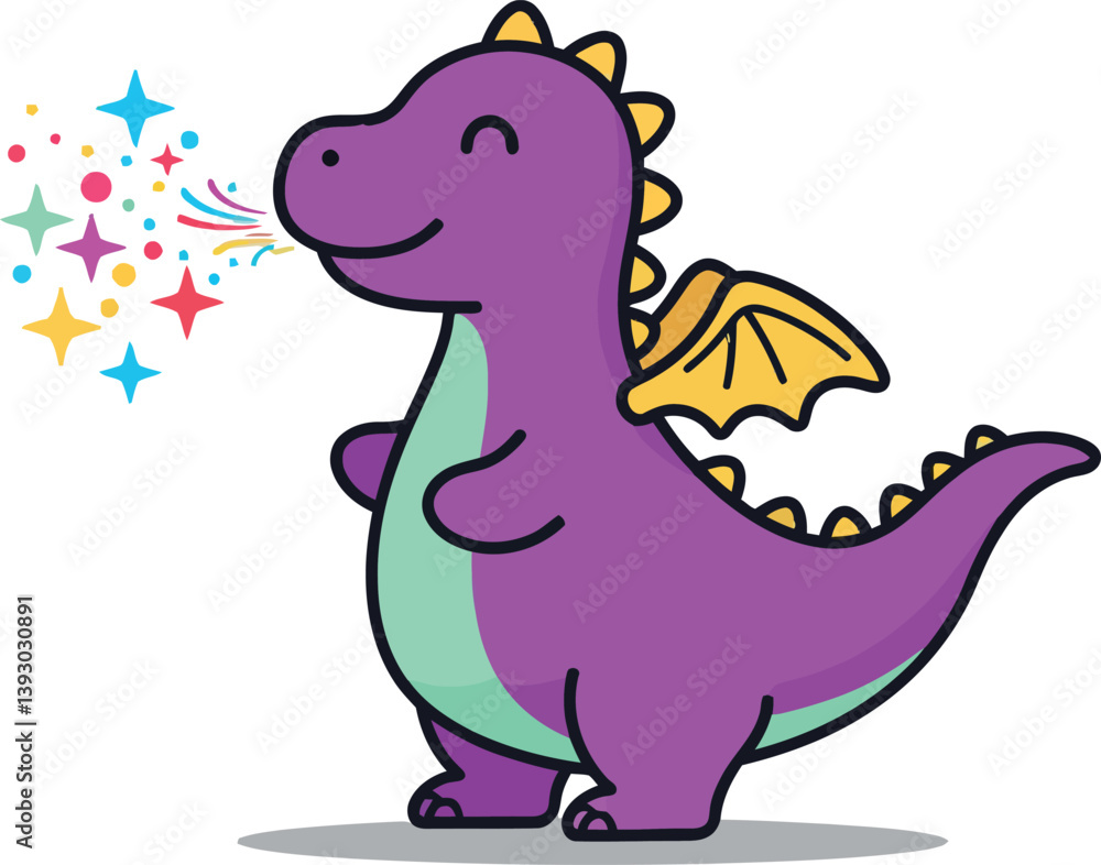 Naklejka premium Cute purple dragon with yellow wings blowing colorful sparkles in a playful, flat vector illustration