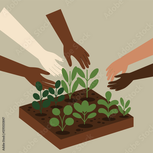 Hands tending garden: A united group of diverse hands tending a small garden, representing growth, community, and collaborative care for plant life.
