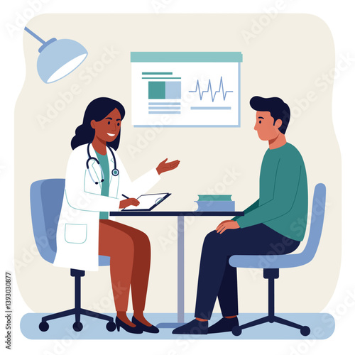 Consultation and Care: A medical professional, seated and engaged in an open dialogue with patient during a consultation in examination room.