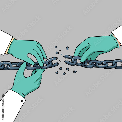Breaking Free: A symbolic image of hands, clad in medical gloves, deliberately breaking a chain, representing freedom, release, and the overcoming of constraints.