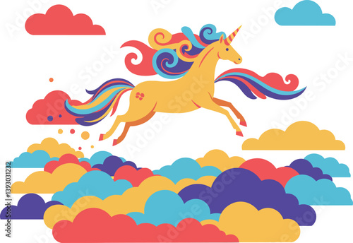 A vibrant yellow unicorn leaping through colorful clouds in a flat vector illustration