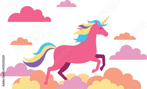 Pink unicorn prancing through colorful clouds in a playful flat vector art