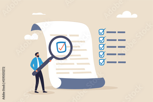 Inspect or review document, report or legal audit, quality assurance, search for document, information or research, investigate, proof or checking concept, businessman with magnifier inspect document.