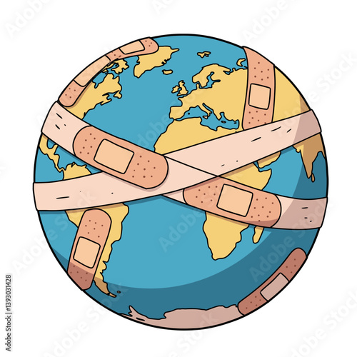 Earth Under Repair: A metaphorical representation of Earth, swathed in bandages, symbolizing the urgent need for environmental healing and global responsibility.