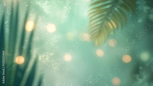 Summer business backdrop in soft pastel tones featuring an abstract emphasis. Captivating tropical late-spring design. Subtle mint green bokeh effect, vintage and faded. Sunlit foliage.