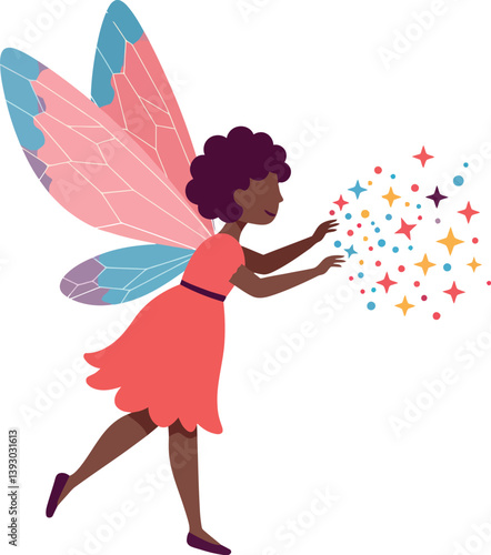 A joyful fairy with colorful wings casting sparkling magic in a whimsical scene, flat vector illustration