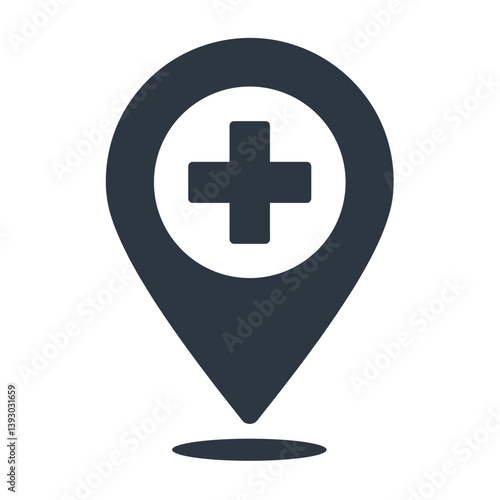 Medical Location Marker: This stylized graphic portrays a medical location pin, symbolized by a cross within a map marker.