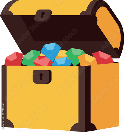 Treasure chest overflowing with colorful gems in flat vector art style