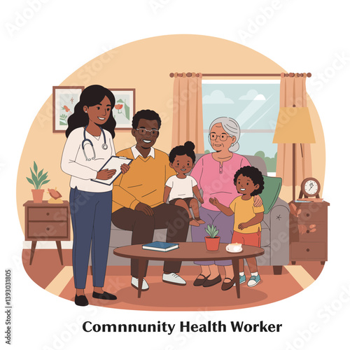 Health Community: A health worker in a home setting, illustrating family well-being, compassion, and access to care. A scene depicting family's healthy life with family member in home.