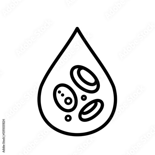 Blood Drop with Cells: An elegant illustration of a blood drop, containing several cells. The artwork is a stark representation of the complexity of blood.