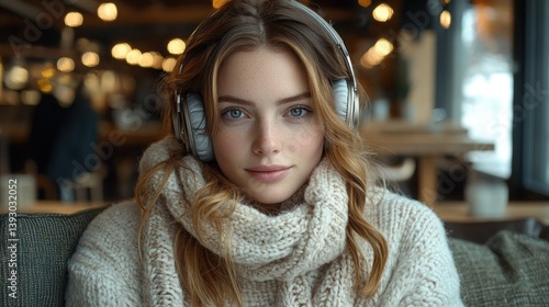 Woman listening to music in cafe