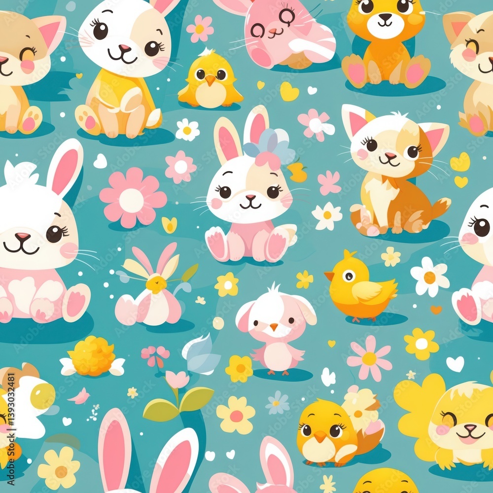Colorful Seamless Pattern Background with Cute Animals and Flowers on Blue Backdrop. Animal Repeat Pattern with Bunny, Kitten, Chicken, and Floral Elements. Colorful Seamless Pattern Background with Cute Animals and Flowers on Blue Backdrop. Animal Repeat Pattern with Bunny, Kitten, Chicken, and Floral Elements.