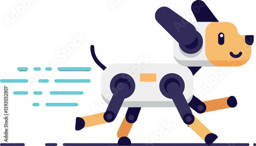 Playful robotic dog running swiftly in a flat design vector art