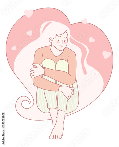 A gentle and serene illustration beautifully capturing a woman in a personal moment of selflove and tranquility