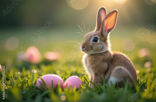 Cute brown rabbit sitting on the grass with pastel Easter eggs and wildflowers, warm golden hour lighting, blurred background, Easter scene