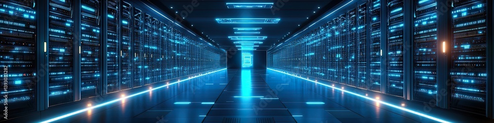 custom made wallpaper toronto digitalAn ultra-modern financial data center with endless rows of glowing blue servers, symbolizing AI-driven wealth management and digital assets security.