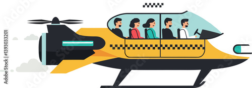 Helicopter flying with passengers enjoying the view in a flat vector illustration