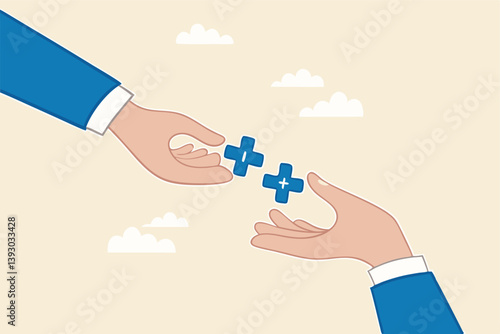 Forward positivity, growth mindset or success attitude, positive feedback, happiness or encourage people, support or optimistic concept, businessman hand forward positive plus sign to colleagues.