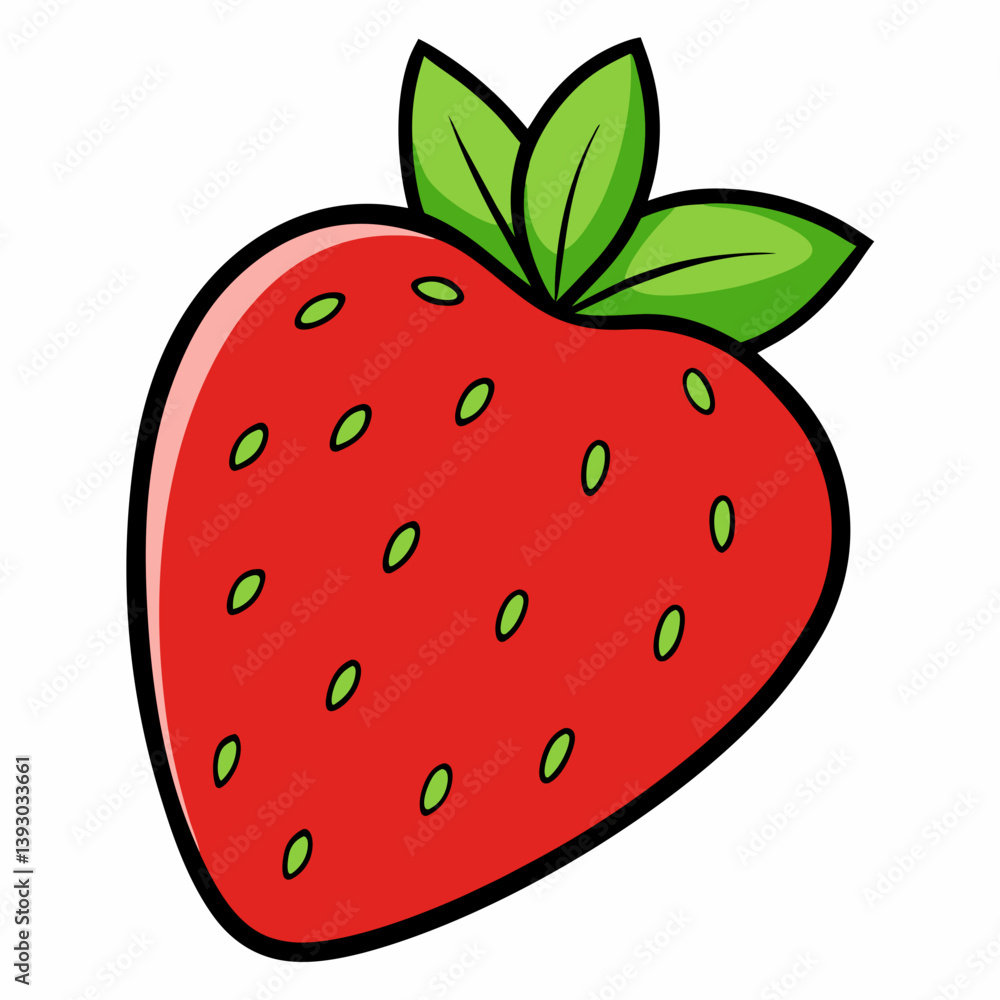 A juicy red strawberry bursting with summer sweetness, a vibrant cartoon illustration with bold outlines and bright colors. A juicy red strawberry bursting with summer sweetness, a vibrant cartoon illustration with bold outlines and bright colors.