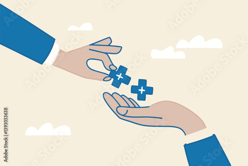Forward positivity, growth mindset or success attitude, positive feedback, happiness or encourage people, support or optimistic concept, businessman hand forward positive plus sign to colleagues.