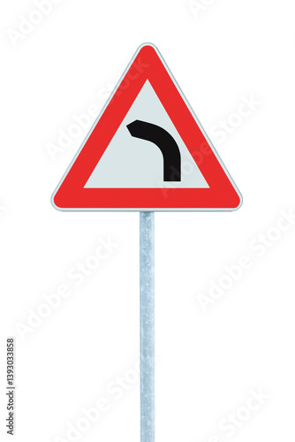 Free Download Bend to left ahead road sign, large detailed isolated vertical white triangular dangerous route section traffic warning closeup, red frame grey metallic pole post, political conservatism bent concept - GFXLoad