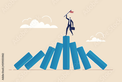 Winner take all, survive business competition or strength to overcome difficulty, economic crisis or recession, business winner concept, success businessman on stand strong bar graph domino collapse.