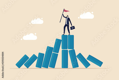 Winner take all, survive business competition or strength to overcome difficulty, economic crisis or recession, business winner concept, success businessman on stand strong bar graph domino collapse.