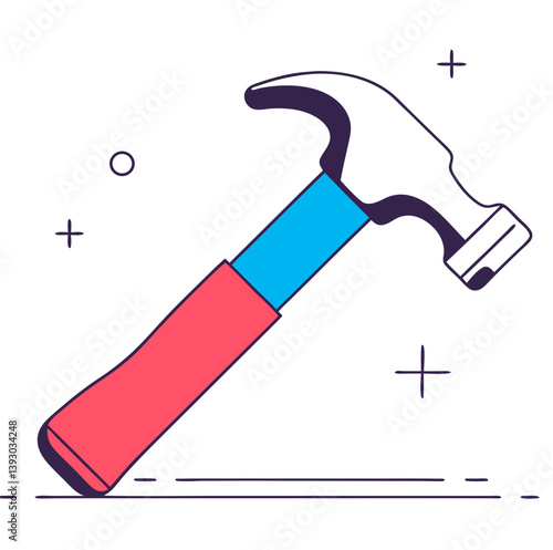 A vibrant red and blue hammer poised to strike, symbolizing construction, creation, and building something new, with clean line art style.