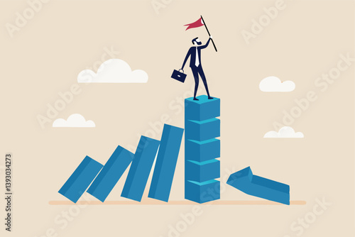 Winner take all, survive business competition or strength to overcome difficulty, economic crisis or recession, business winner concept, success businessman on stand strong bar graph domino collapse.