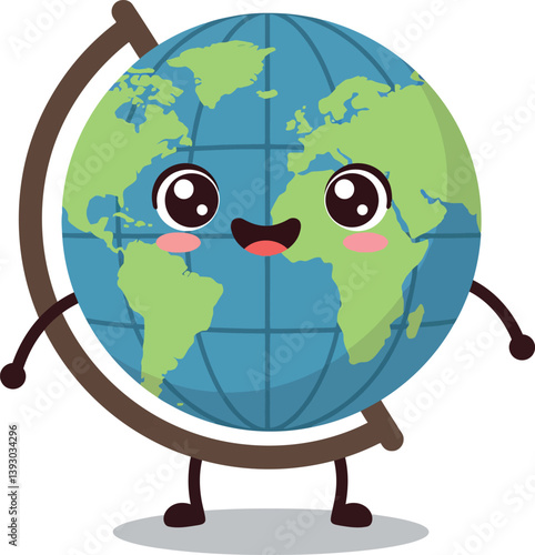 Happy globe character with arms and smiling face in flat vector art