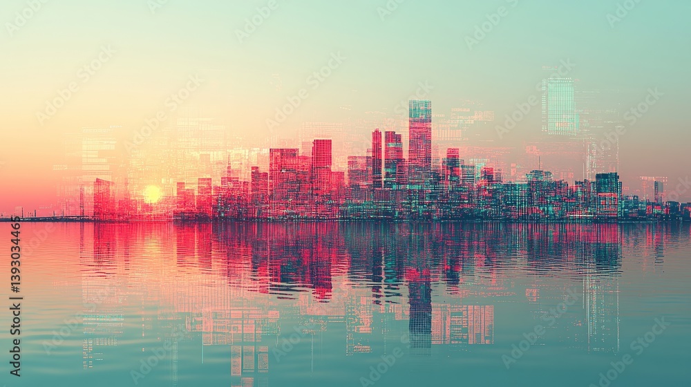 Fototapeta premium cityscape built from layered digital ads and graphs glowing pink and teal screens reflect below resembling water futuristic urban marketing concept