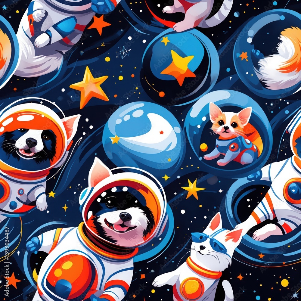 Naklejka premium Seamless Pattern Dogs Cats Space Suits Stars Background. Tileable backdrop featuring animals astronauts planets. Decorative illustration with repeating design.