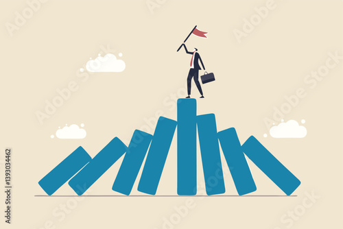 Winner take all, survive business competition or strength to overcome difficulty, economic crisis or recession, business winner concept, success businessman on stand strong bar graph domino collapse.