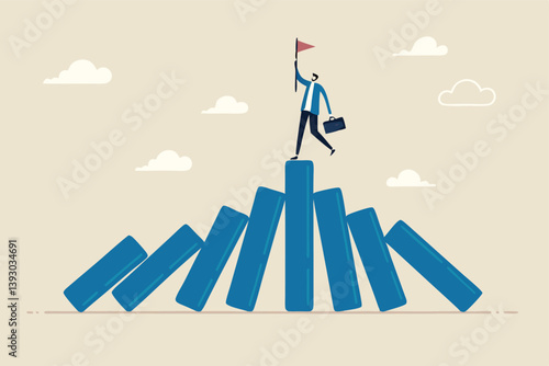 Winner take all, survive business competition or strength to overcome difficulty, economic crisis or recession, business winner concept, success businessman on stand strong bar graph domino collapse.