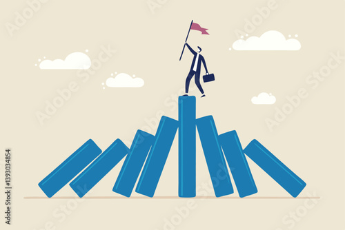 Winner take all, survive business competition or strength to overcome difficulty, economic crisis or recession, business winner concept, success businessman on stand strong bar graph domino collapse.