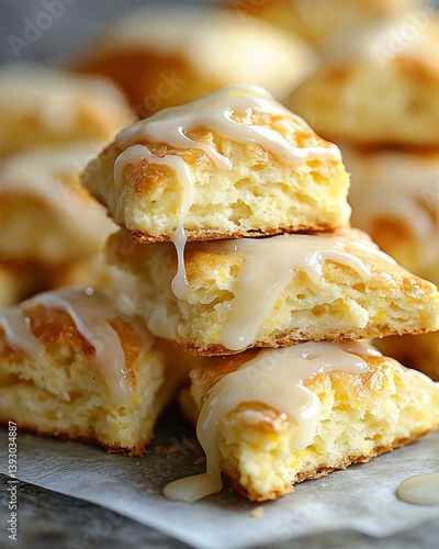 Realistic pile of mini lemon zest scones with glaze drips on parchment paper, vibrant yellows, commercial quality photo.