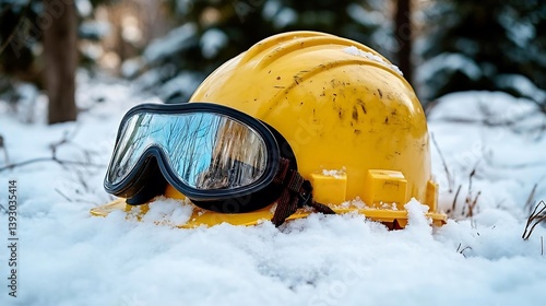 Yellow Safety Helmet And Glasses In Snow