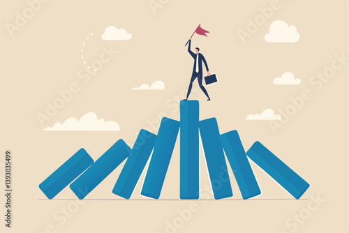 Winner take all, survive business competition or strength to overcome difficulty, economic crisis or recession, business winner concept, success businessman on stand strong bar graph domino collapse.