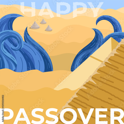 Happy Passover Conceptual square greeting card with Desert, pyramids, sea waves and first settlers' tents. Crossing the desert from egyptian slavery to happy future - freedom and State of Israel. 
