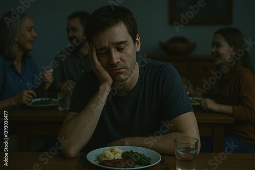 A person sits at a dinner table, their face weary and distant, resting heavily on one hand. The food in front of them remains untouched