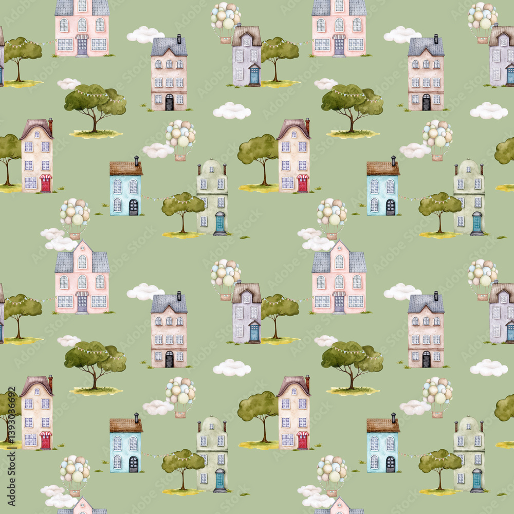 Fototapeta premium Seamless pattern with European houses on green background. Urban retro buildings with tile roof. Hand drawn illustration. Old town. Watercolor. Design for wallpaper, postcards, packaging, stationery..