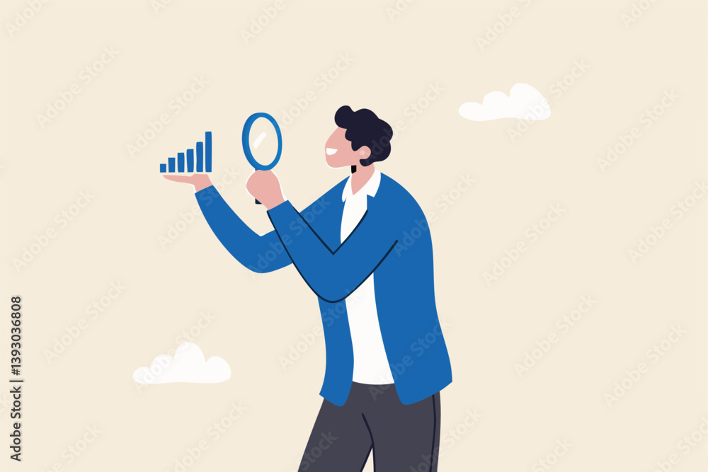 Company transparency, business analysis or report, information or statistic, search for market growth, economic or improvement concept, businessman look through magnifying glass analyze graph. Company transparency, business analysis or report, information or statistic, search for market growth, economic or improvement concept, businessman look through magnifying glass analyze graph.
