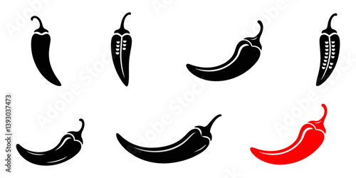 Stylish chili pepper silhouette icon for culinary use, set vector various chili silhouettes, Hot chili pepper silhouette vector,  black chili icon vector, black silhouette, chili pepper, simple icon.