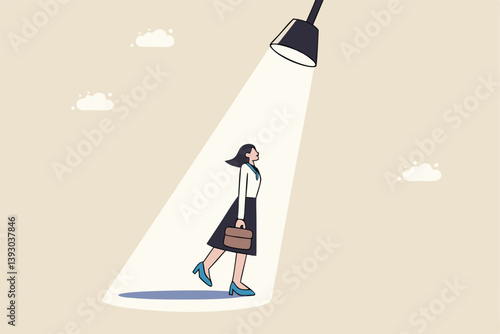 Woman in spotlight, success candidate for job vacancy, outstanding high performance employee, ambition or opportunity concept, confident outstanding businesswoman standing in bright spotlight.