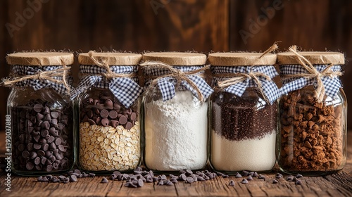  Mason jars filled with baking ingredients—flour, sugar, oats, chocolate chips—lined up for charming homemade gift idea