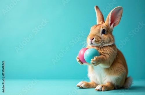Cute rabbit on a blue background with pastel Easter eggs with a place for text