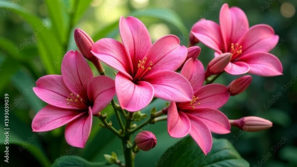 Vibrant pink tropical flowers blooming in lush green garden setting closeup. Vibrant pink tropical flowers blooming in lush green garden setting closeup.