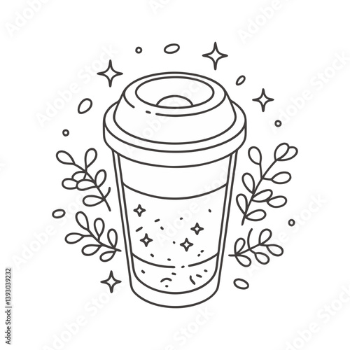 Takeaway coffee cup vector with sparkles and leaves in cozy outline style for cafe and autumn themes