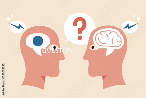 Perception process to interpret information, thought or opinion depend on personality or perspective, difference bias or illusion concept, human head looking at object with difference perception.