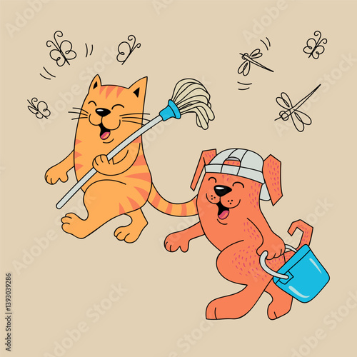 Funny cat and dog with a bucket and a mop. Illustration for cards and children's book